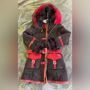 Stylish Red and Black Fur-Trimmed Coat